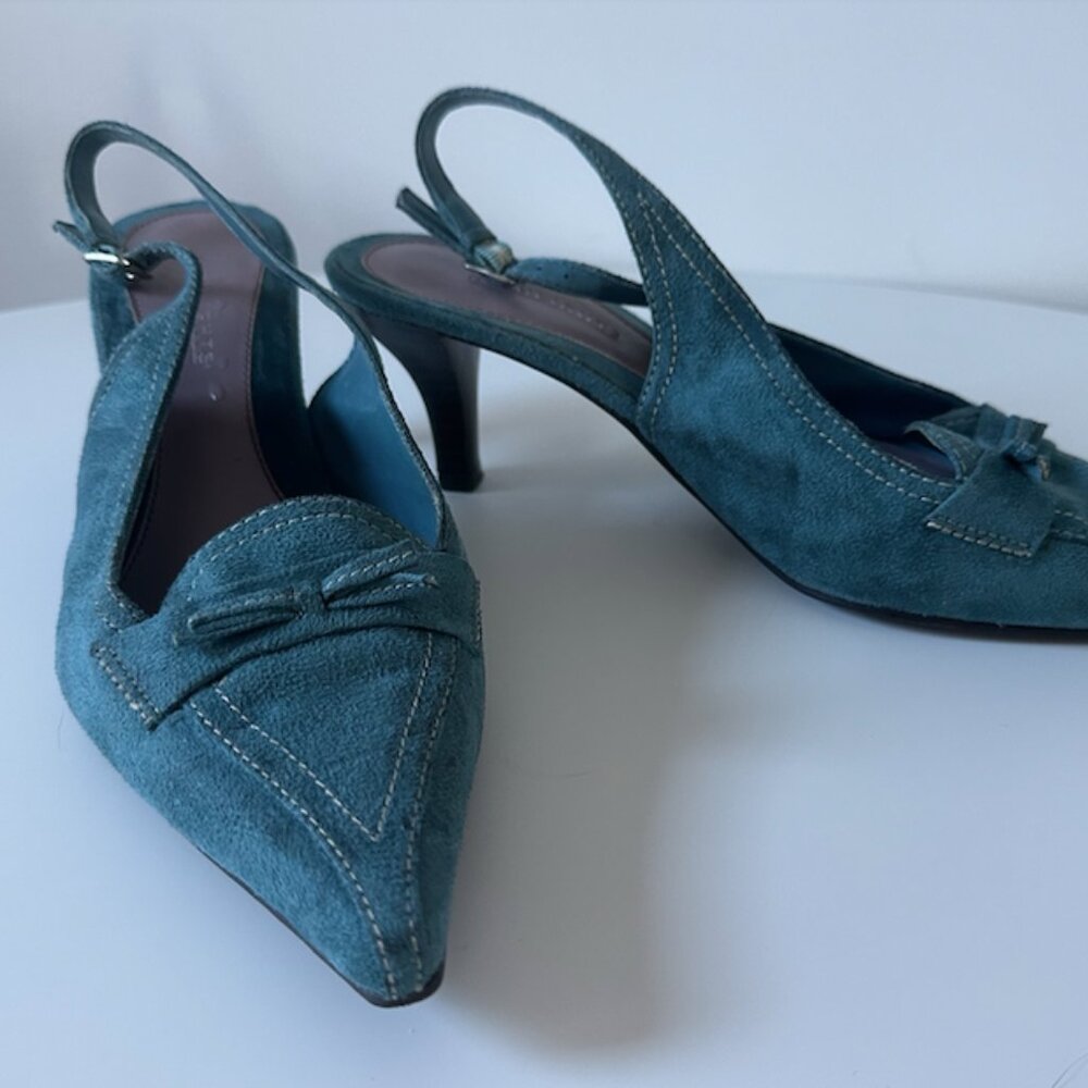 Vintage Blue Suede Pointed Toe Kitten Heel Slingbacks